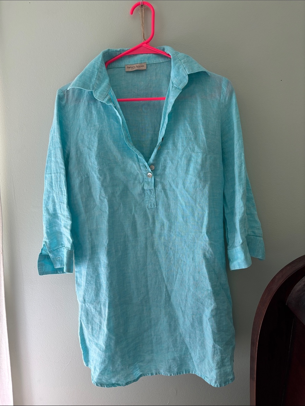 Light Blue Linen Tunic Top - Classic Collared Pullover